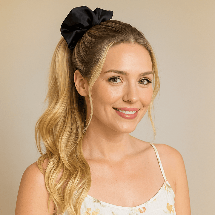 Lyxig satin scrunchie – Loop hårsnodd i glansigt tyg