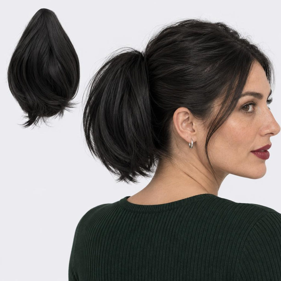 Tangled Mini Ponyo i Black – lille glat hestehale med hår og klemme, vist løs og på model