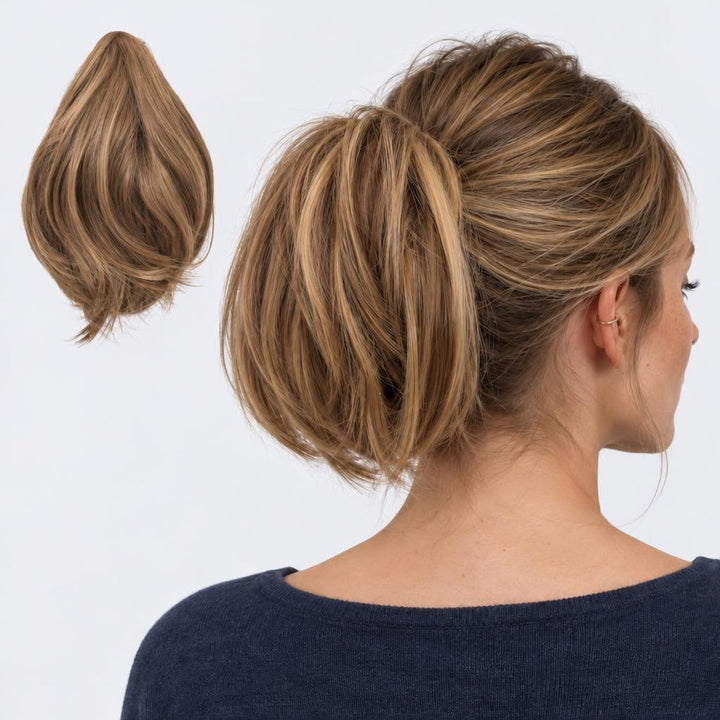 Tangled Mini Ponyo i Brown Mix – lille glat hestehale med hår og klemme, vist løs og på model