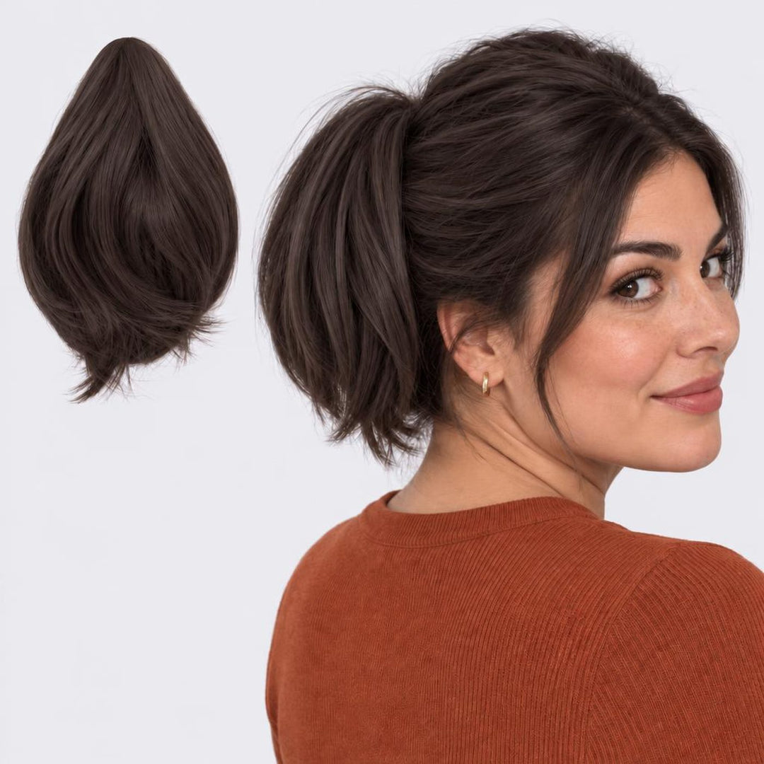 Tangled Mini Ponyo i Dark Brown – lille glat hestehale med hår og klemme, vist løs og på model