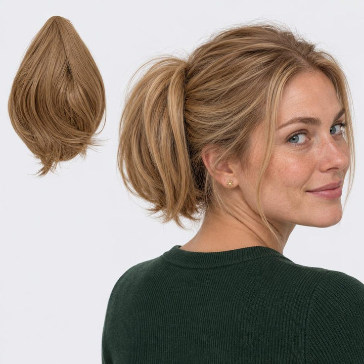 Tangled Mini Ponyo i Sandy Blonde – lille glat hestehale med hår og klemme, vist løs og på model