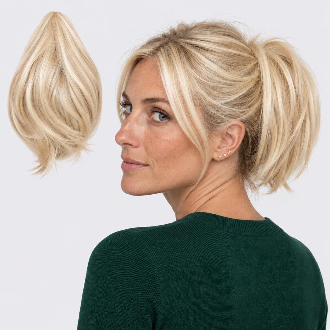 Tangled Mini Ponyo i Summer Blonde – lille glat hestehale med hår og klemme, vist løs og på model