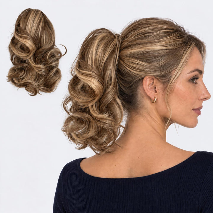 Tangled Ponyo i Brown Mix – krøllet hestehale med hår og klemme, vist løs og på model