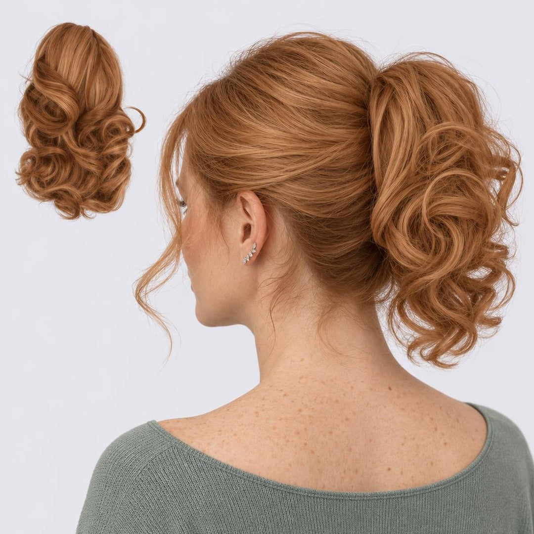 Tangled Ponyo i Copper – krøllet hestehale med hår og klemme, vist løs og på model