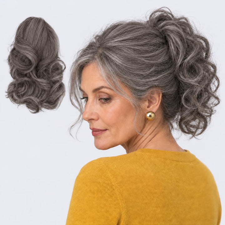 Tangled Ponyo i Dark Grey – krøllet hestehale med hår og klemme, vist løs og på model