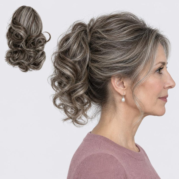 Tangled Ponyo i Grey Brown – krøllet hestehale med hår og klemme, vist løs og på model