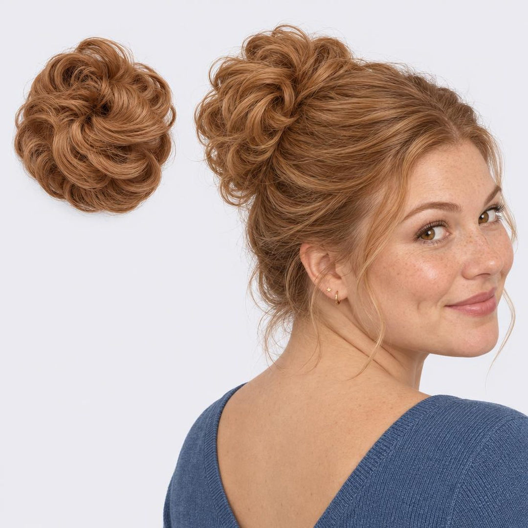 Tangled Scrunchie i Copper – krøllet hårscrunchie med hår, vist løs og sat op på model