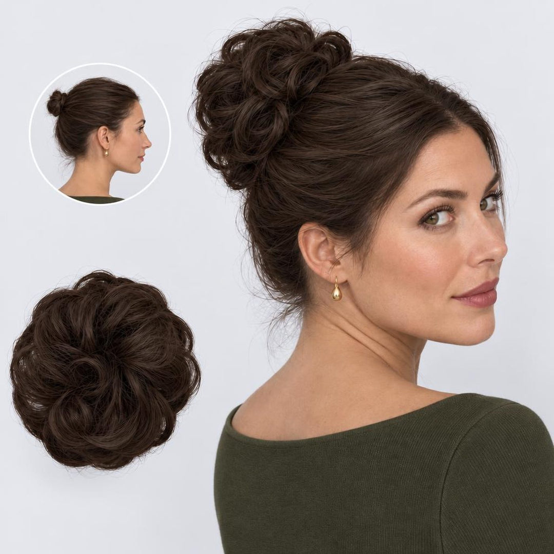Tangled Scrunchie i Dark Brown – krøllet hårscrunchie med hår, vist løs og sat op på model