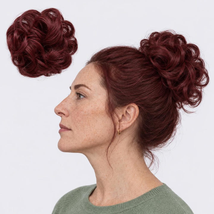 Tangled Scrunchie i Red – krøllet hårscrunchie med hår, vist løs og sat op på model