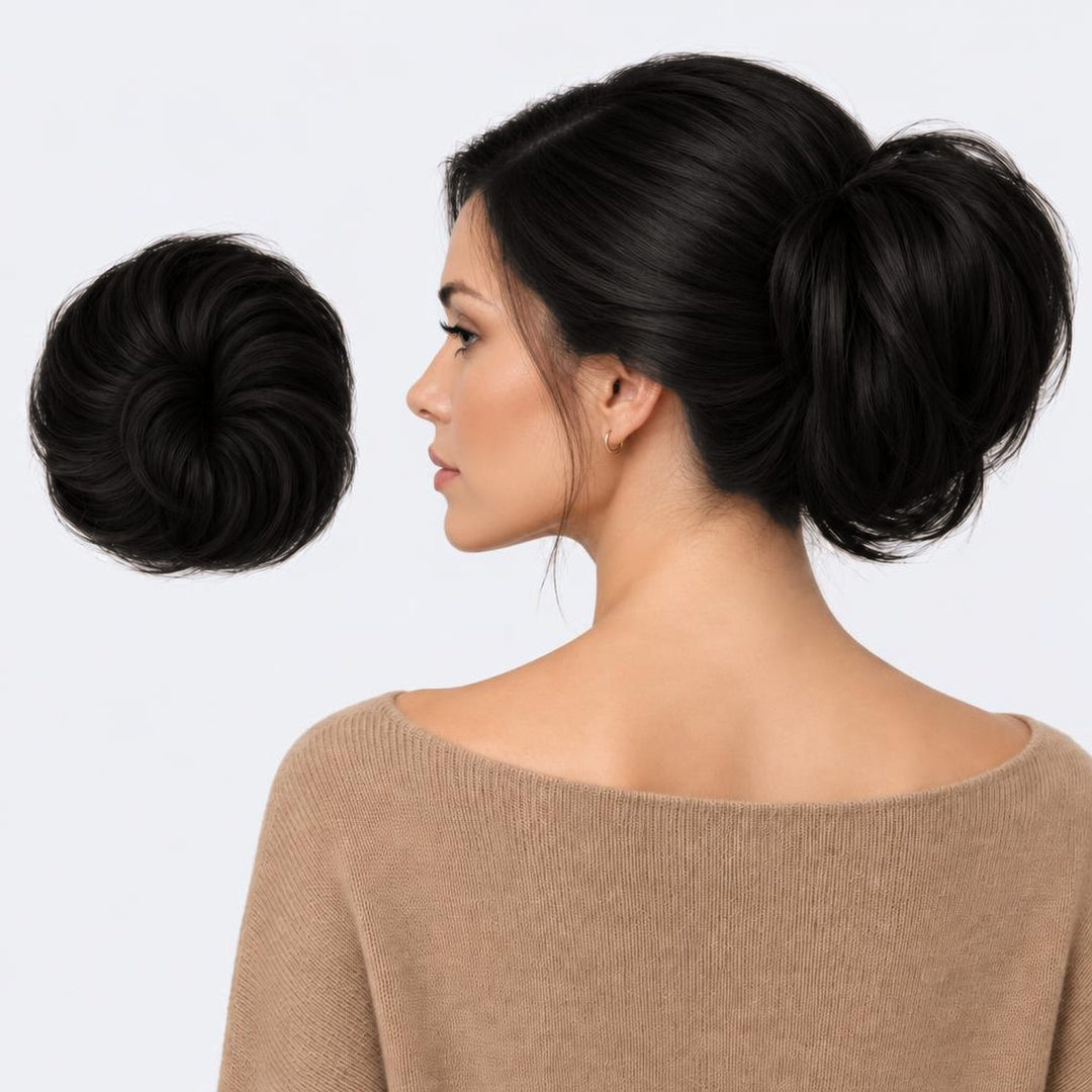 Tangled Straight Scrunchie i Black – glat hårscrunchie med hår, vist løs og sat op på model