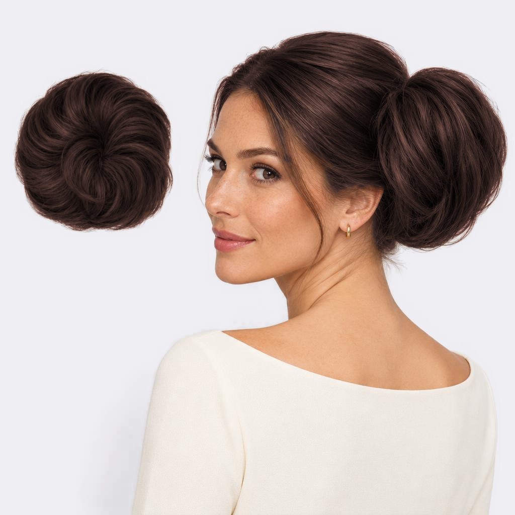 Tangled Straight Scrunchie i Dark Brown – glat hårscrunchie med hår, vist løs og sat op på model