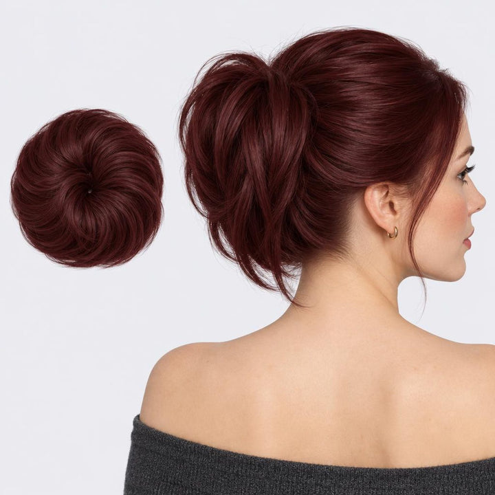 Tangled Straight Scrunchie i Red – glat hårscrunchie med hår, vist løs og sat op på model
